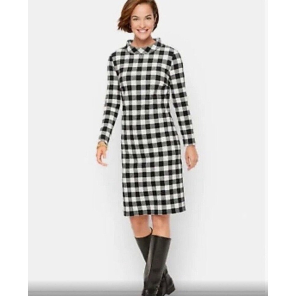 Talbots Womens Black White Buffalo Plaid Cotton Funnel Neck Shift Dress Size S